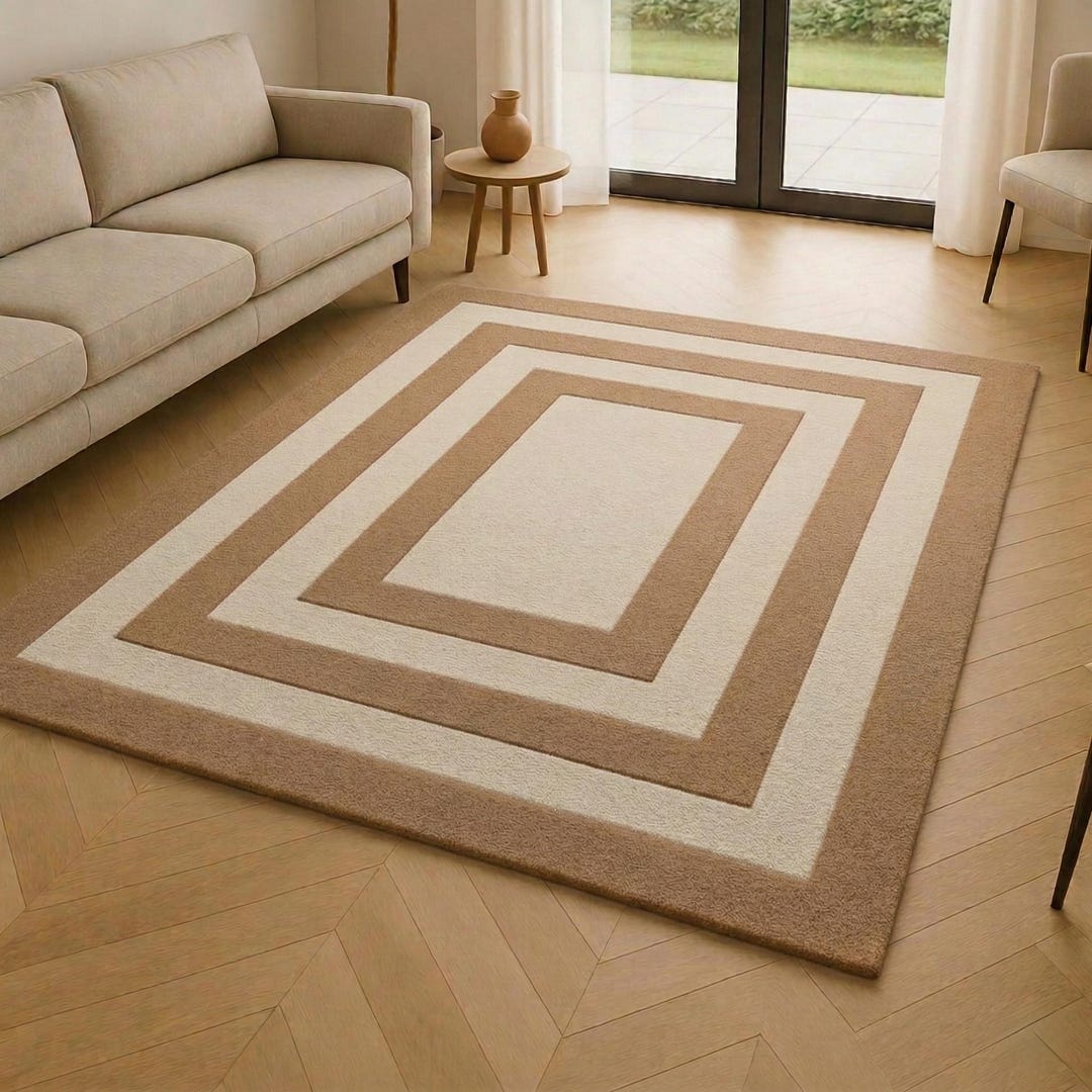 Hand Tufted Wool Rug – Beige Geometric Area Carpet, Modern Minimalist ...