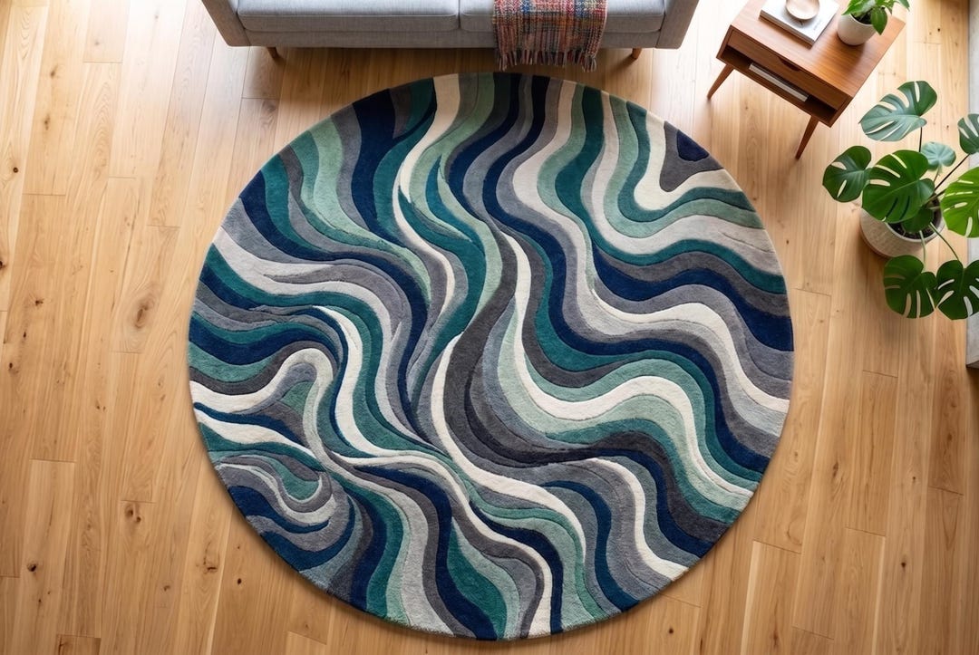 Hand Tufted Wool Abstract Wave Rug, Modern Blue Green Area Carpet - Etsy