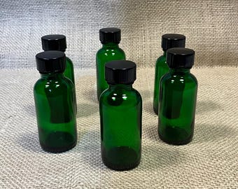 Sechs (6) Dunkle Glas Boston Runde Flaschen / Schwarze Kappen 1 Unze Größe