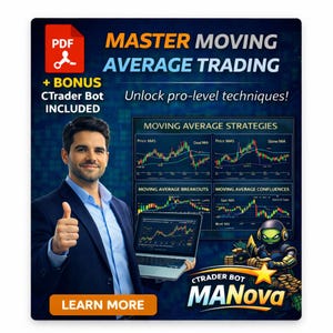 May include: Promotional graphic with the text "MASTER MOVING AVERAGE TRADING" and "Unlock pro-level techniques!". Includes a man giving a thumbs up, a laptop displaying charts, and the text "+ BONUS CTrader Bot INCLUDED".
