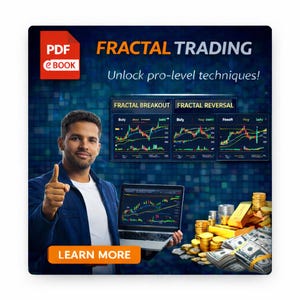 Peut inclure: Image promotionnelle pour un e-book PDF sur le trading fractal. L'image présente un homme pointant du doigt, tenant un ordinateur portable affichant des graphiques de trading. Le texte comprend "FRACTAL TRADING" et "Unlock pro-level techniques!" avec un bouton "Learn More".
