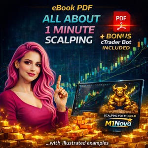 May include: Digital illustration promoting an eBook PDF titled "ALL ABOUT 1 MINUTE SCALPING." A woman with pink hair points upwards. A laptop displays trading charts and a golden bull. Gold bars are in the foreground. Includes a bonus cTrader Bot.