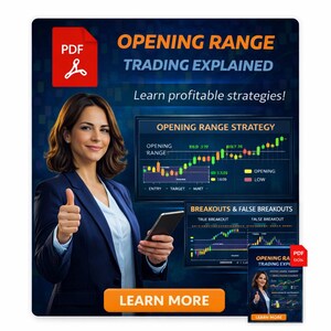 Pode incluir: Imagem promocional de "Opening Range Trading Explained". Apresenta uma mulher de blazer azul-marinho segurando um tablet e fazendo um sinal de positivo. A imagem inclui gráficos e o texto "Learn profitable strategies!" e "Learn More."