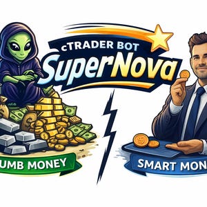 以下が含まれることがあります： 「cTrader Bot SuperNova」のテキストが入ったデジタルイラスト。左側にはお金と「OIL」と書かれたオイルドラムを持つエイリアン、右側にはコインを持つ男性が描かれています。画像は稲妻によって分割されています。