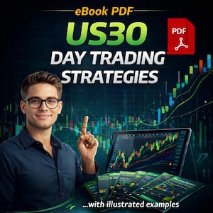 Może przedstawiać: Okładka ebooka PDF z tytułem "US30 Day Trading Strategies" w białym i zielonym tekście. Obraz przedstawia mężczyznę w okularach wskazującego w górę, z laptopem wyświetlającym wykres giełdowy i kilkoma tabletami z wykresami.