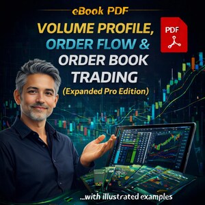 Puede incluir: Portada de un libro electrónico PDF con el título "VOLUME PROFILE, ORDER FLOW & ORDER BOOK TRADING (Expanded Pro Edition)". La portada presenta a un hombre con cabello gris, una tableta que muestra gráficos de trading y un icono PDF. El fondo tiene un diseño de gráfico de trading digital.