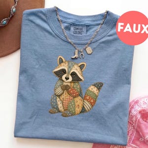 Faux Patchwork Raccoon Shirt, Cute Woodland Animal Tee, Cottagecore Raccoon Graphic Shirt, Forest Animal Gift Tee
