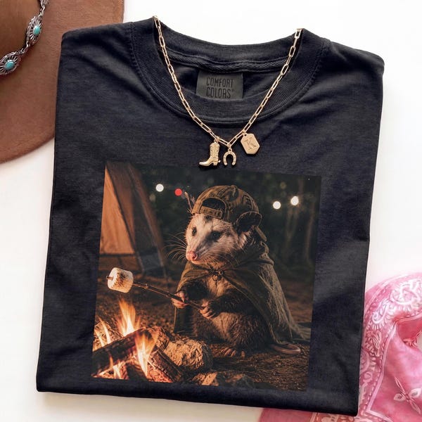 Camping Possum Shirt, Roasting Marshmallow Campfire Graphic Tee