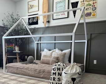 Pine Wood House Bed Frame: Montessori Floor Bed for Kids