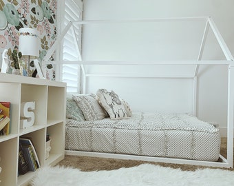 Pine Wood House Bed Frame for Kids: Montessori Floor Bed