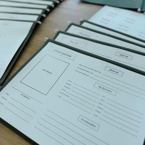 May include: A set of white paper folders with black text. The folders are labeled with the words "Kindergarten", "Pre-K", and "about me". The folders are designed for children to record their favorite things, interests, and memories.