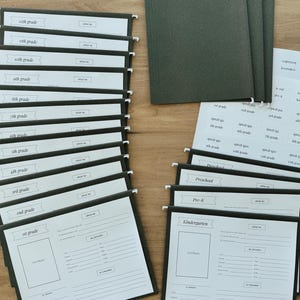 May include: A set of 16 green file folders with white labels. The labels are for different grade levels, from preschool to 12th grade. The folders are designed for organizing school papers and documents.