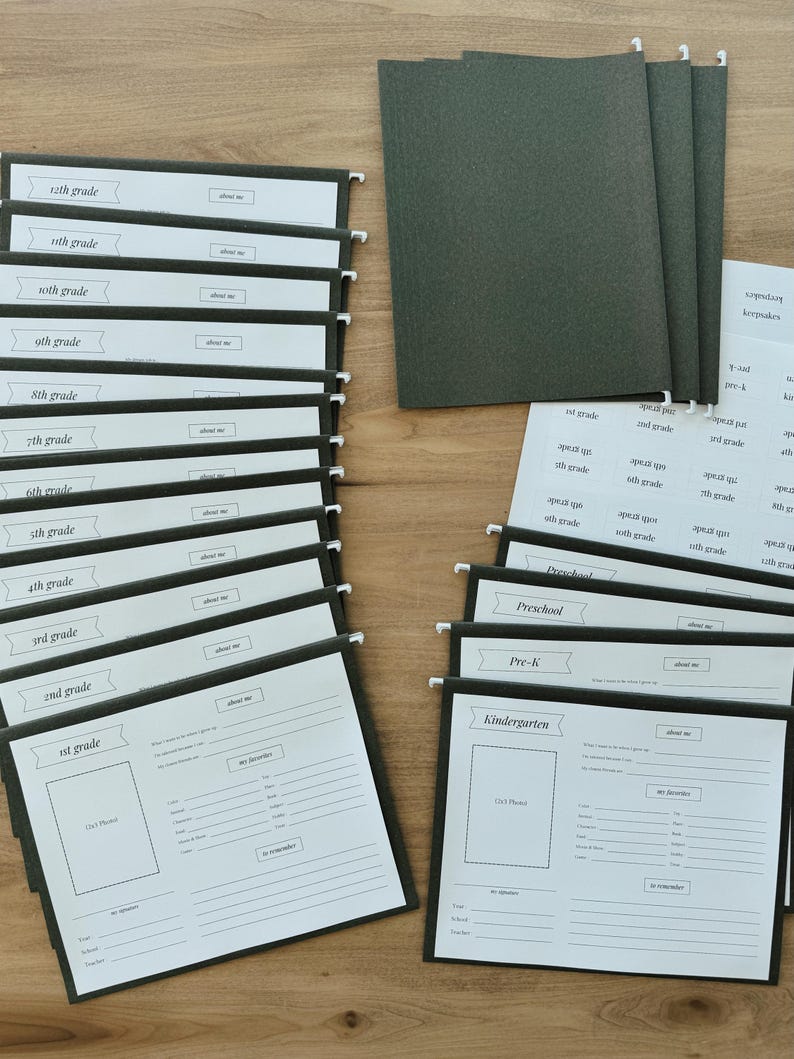 May include: A set of 16 green file folders with white labels. The labels are for different grade levels, from preschool to 12th grade. The folders are designed for organizing school papers and documents.
