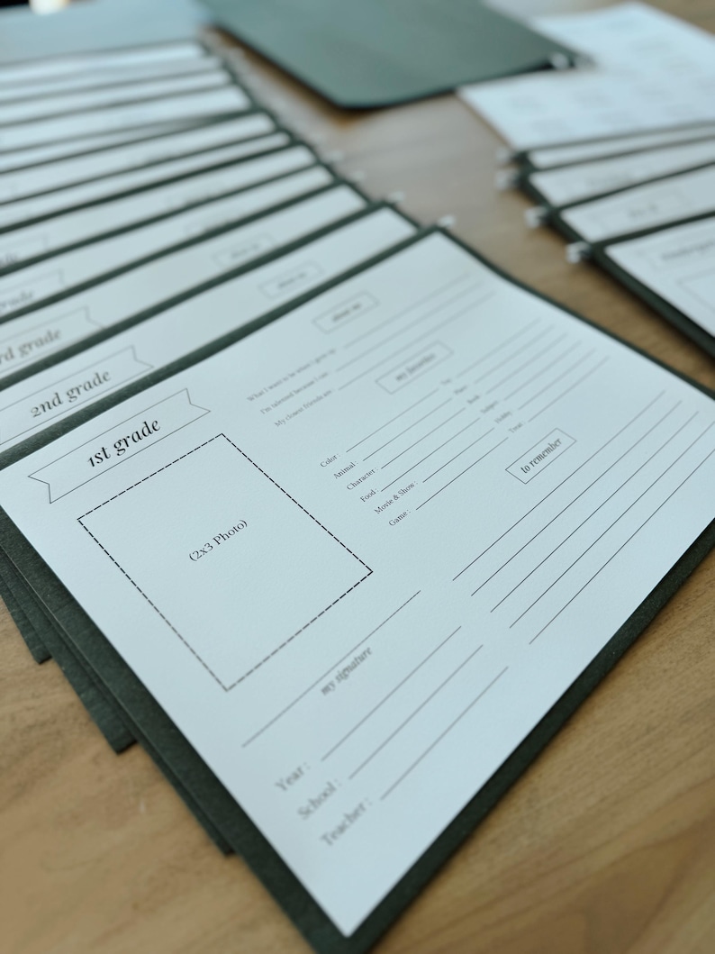 May include: A stack of white paper forms with a green border. The forms are labeled "1st grade", "2nd grade", and "3rd grade". Each form has a space for a photo, a section for personal information, and a section for a signature.