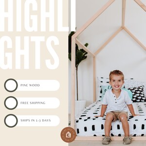 May include: A white and black patterned bed with a wooden frame in the shape of a house. A young boy is sitting on the bed. The text "HIGHLIGHTS" is in white on a beige background. The text "PINE WOOD", "FREE SHIPPING", and "SHIPS IN 1-3 DAYS" are in black on white circles. The text "HAPPY RYE CO. RYE CO. HAPPY" is in brown on a circle with a house and moon design.