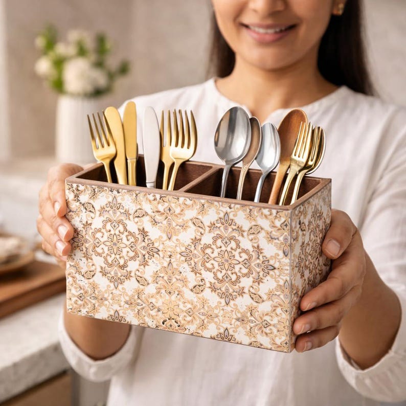 May include: A decorative wooden utensil holder with a cream and gold floral pattern. The holder is divided into three sections and filled with gold and silver forks, spoons, and knives. The holder is being held by a person.