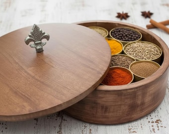 Handcrafted Wooden Masala Dabba Spice Box – Round Indian Kitchen Organizer