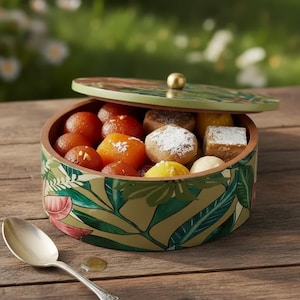 May include: A circular wooden box with a floral design, containing an assortment of colourful sweets. The lid is slightly open, displaying the treats within. A silver spoon sits on the wooden surface beside the box. The box is painted with green and pink floral patterns.