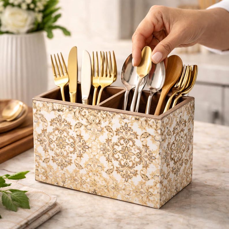 May include: A wooden utensil holder with a white and gold damask pattern. The holder is divided into three sections and contains various silverware, including gold forks, knives, and spoons. A hand is placing a gold spoon into the holder.