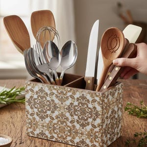 May include: A decorative wooden utensil holder with a white and gold paisley pattern, filled with various kitchen tools. The utensils include wooden spoons, a whisk, forks, spoons, and a knife. The holder is on a wooden surface.