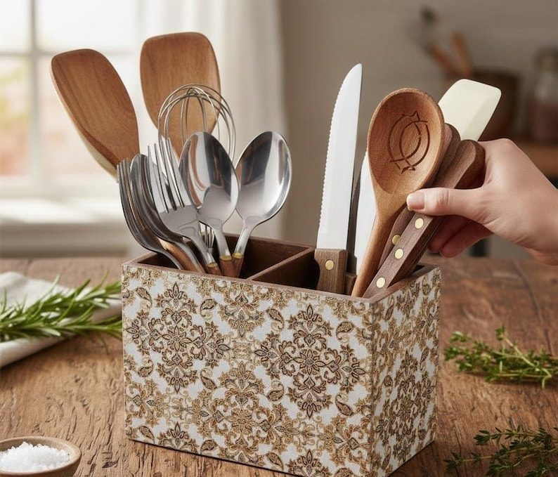 May include: A decorative wooden utensil holder with a white and gold paisley pattern, filled with various kitchen tools. The utensils include wooden spoons, a whisk, forks, spoons, and a knife. The holder is on a wooden surface.
