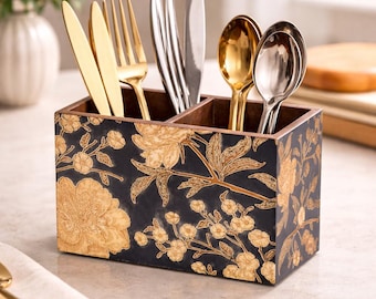 Wooden Cutlery Organizer, Floral Kitchen Utensil Holder, 2 Compartment Caddy