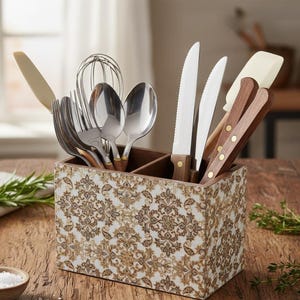 May include: A decorative wooden utensil holder with a white and gold floral pattern. It contains various kitchen utensils, including knives, spoons, forks, and a whisk. The utensils have wooden handles and stainless steel blades.