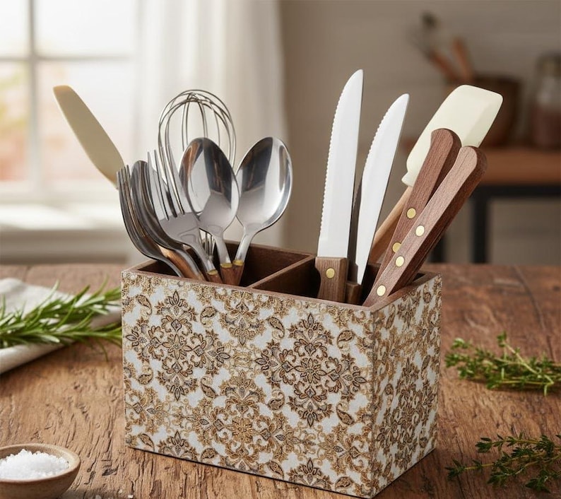 May include: A decorative wooden utensil holder with a white and gold floral pattern. It contains various kitchen utensils, including knives, spoons, forks, and a whisk. The utensils have wooden handles and stainless steel blades.
