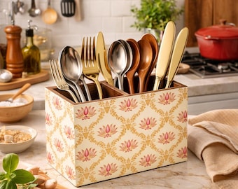 Handcrafted Wooden Cutlery Holder, Floral Utensil Organizer, Farmhouse Kitchen Decor