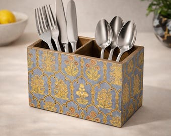 Wooden Cutlery Organizer, Blue Gold Floral Utensil Holder, Kitchen Counter Storage