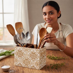 May include: A wooden utensil holder with a gold and white floral pattern, filled with various kitchen tools. The utensils include wooden spoons, a whisk, knives, and silverware. The holder is on a wooden table.
