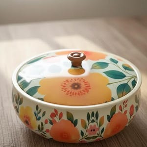 May include: A round ceramic bowl with a lid, decorated with a floral pattern in orange, yellow, and green. The bowl has a cream base and a wooden knob on the lid. The floral design features large flowers and leaves.