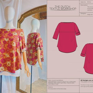 Peut inclure: Un patron de couture pour un haut de The Dutch Textile Workshop, présentant un chemisier à motif floral avec une encolure bateau et des manches trois-quarts sur un mannequin, accompagné de croquis techniques montrant les vues avant et arrière.