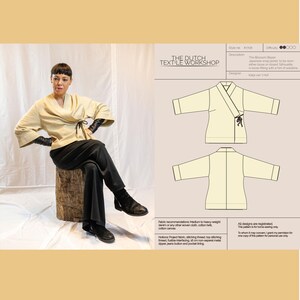 May include: A sewing pattern for The Blossom Blazer by The Dutch Textile Workshop, featuring a beige wrap jacket with wide sleeves and a side tie closure. The document includes technical line drawings of the front and back, fabric recommendations, and project notes for home sewing.