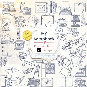 May include: A digital collection of over 40 black and white line art illustrations featuring typewriters, books, coffee cups, envelopes, pens, and stationery items. The central text reads My Scrapbook Procreate Brush Stamps with a small icon.