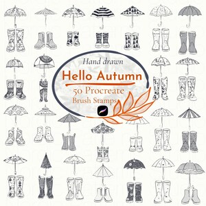 Puede incluir: Una colección de ilustraciones digitales dibujadas a mano en blanco y negro que muestran varios paraguas y pares de botas de lluvia. El marco ovalado central contiene el texto Hand drawn Hello Autumn 50 Procreate Brush Stamps con un icono de hoja.