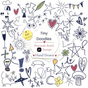 May include: A digital collection of 60 hand-drawn doodle elements including stars, hearts, flowers, a lightbulb, a mushroom, and suns. The central white circular label features the text Tiny Doodles Procreate Brush Stamps Hand Drawn.