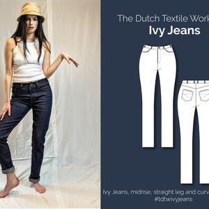 May include: A woman wearing dark blue Ivy Jeans, a white tank top, and a beige hat. The image includes a diagram of the jeans with the text "The Dutch Textile Workshop Ivy Jeans". The jeans are midrise, straight leg, and have a curved waistband.