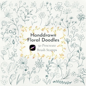 Puede incluir: Una colección de garabatos florales y bocetos botánicos dibujados a mano en verde oscuro sobre un fondo blanco. El texto central dice Handdrawn Floral Doodles, 50 Procreate Brush Stamps, junto a un pequeño icono de la aplicación Procreate.