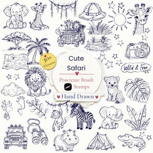 May include: A collection of hand-drawn digital illustrations featuring safari animals, vehicles, and nature elements. Text includes "30+ Elements", "Cute Safari", "Procreate Brush Stamps", "Hand Drawn", and "Wild & Free".