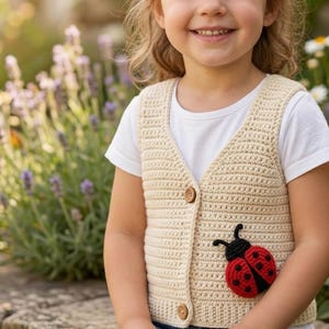 May include: A child wearing a cream-colored, crocheted vest with wooden buttons and a ladybug applique. The vest is over a white t-shirt. The background features flowers and greenery.