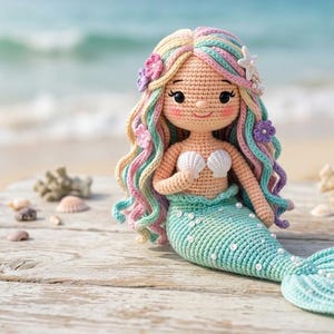 May include: A handmade crochet mermaid doll with a light peach face, seashell bra, and a turquoise tail. Her long, pastel-coloured hair is decorated with flowers and a starfish. The doll is placed on a wooden surface near the beach.
