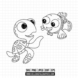 May include: Black and white cartoon illustration of a turtle and a fish. The turtle has a patterned shell with flowers, and the fish has large eyes and fins. The image includes the text "SVG | PNG | JPEG | DXF | EPS" and a website address.
