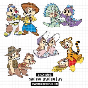 May include: A collection of cartoon chipmunks in various costumes, including a space suit, cowboy attire, and dinosaur outfits. Other chipmunks are dressed as a tiger and in a safari outfit. The image includes the text "5 PACK BUNDLE" and website information.