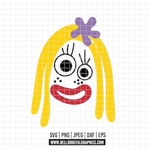 May include: A cartoon face with yellow hair, a purple flower, and a red mouth. The face has two black and white eyes, freckles, and long eyelashes. The image includes the text "SVG | PNG | JPEG | DXF | EPS" and "WWW.HELLODIGITALGRAPHICS.COM".
