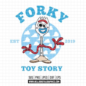 May include: A cartoon illustration of Forky from Toy Story. Forky is a white spork with a smiling face, red arms, and a red ribbon around its neck. The words "FORKY" and "TOY STORY" are above and below the character, with "EST 2019" on either side.