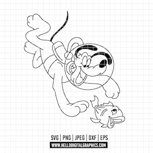 Puede incluir: Ilustración de dibujos animados en blanco y negro de un perro con un casco de buceo, nadando bajo el agua con un pez. El perro está sonriendo. La imagen incluye el texto "SVG | PNG | JPEG | DXF | EPS" y la dirección del sitio web.