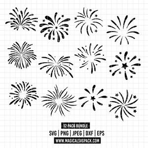 May include: A set of black firework designs in diverse styles, including starbursts and bursts with star accents. The image includes the text "12 PACK BUNDLE" and file type options: SVG, PNG, JPEG, DXF, and EPS, along with a website address.