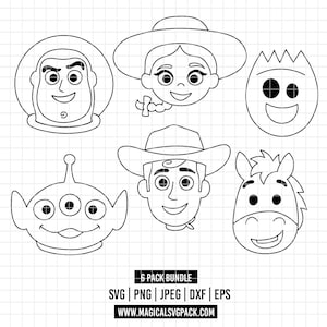 Op de afbeelding: Een digitale grafische set met zes zwart-wit karakteromtrekken op een rasterachtergrond. De tekst luidt 6 PACK BUNDLE, SVG | PNG | JPEG | DXF | EPS en WWW.MAGICALSVGPACK.COM. De personages omvatten een space ranger, cowgirl, spork, alien, cowboy en een paard.