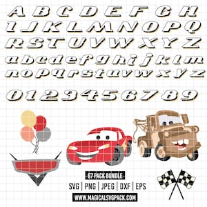 6039 - Paquete de archivos SVG y PNG de autos / Fuente de carreras con sombra dorada en mayúsculas y minúsculas / Lightning McQueen Mater Nombre personalizado / Descarga instantánea para Cricut
